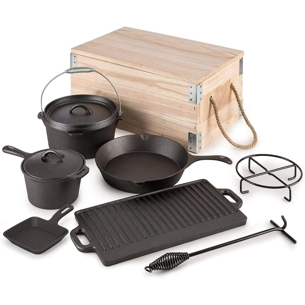 8 Piece Pre-Seasoned Dutch Ove - Vintage Camping Cooking Set recension och pris